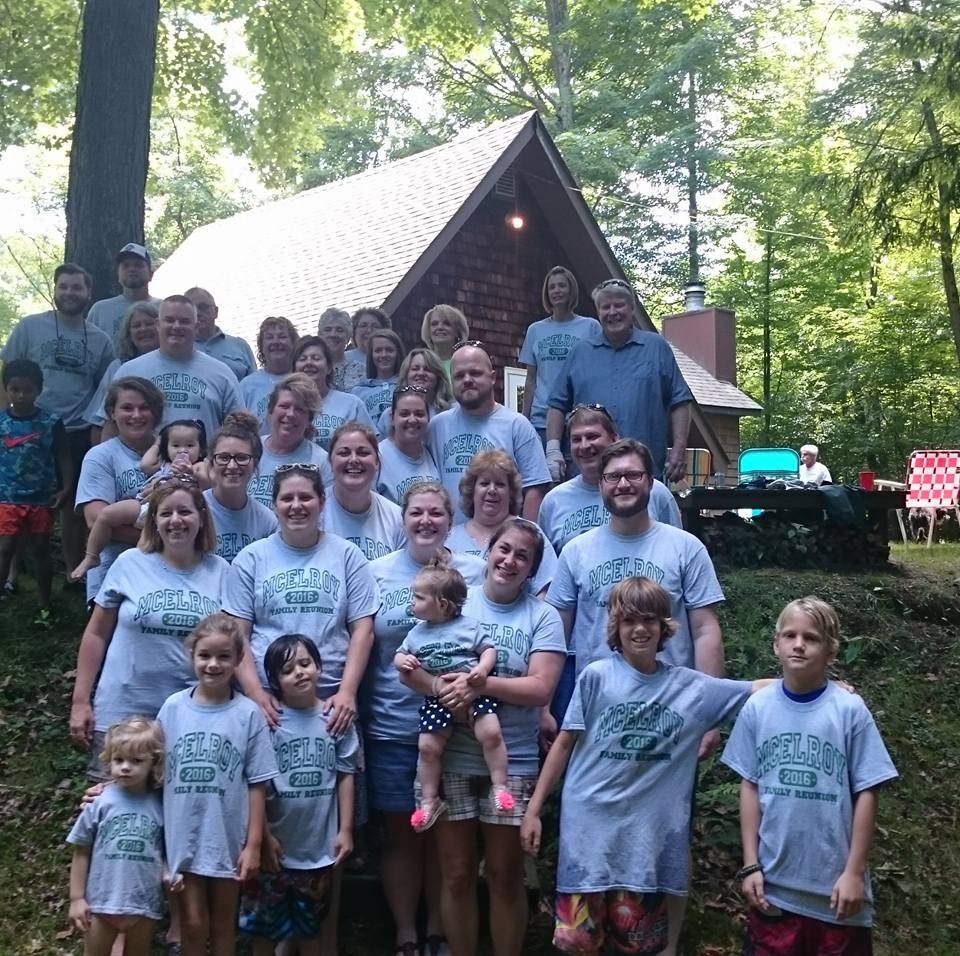 The 2016 McElroy Family Reunion sporting personalized t-shirts.