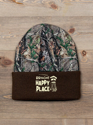 Hunting Happy Place : Embroidered 2-Tone Camo Cuffed Beanie