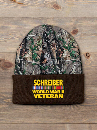 WW2 European Veteran : Embroidered 2-Tone Camo Cuffed Beanie