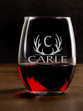 Antler Monogram : Stemless Wine Glasses - Engraved