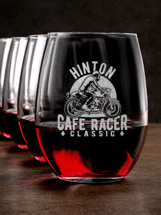 Cafe Racer : Stemless Wine Glasses - Engraved