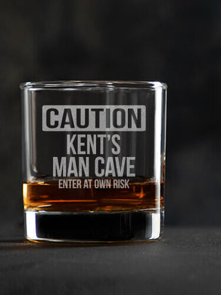 Caution Man Cave : Rocks Glasses - Engraved