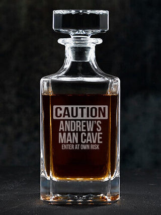 Caution Man Cave : Whiskey Decanter - Engraved