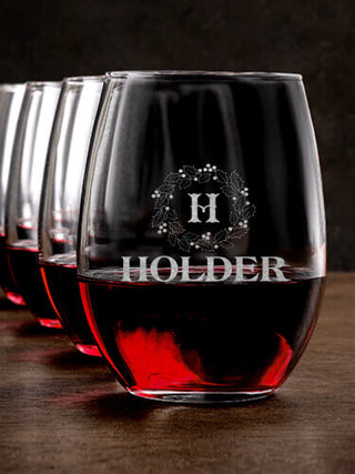 Christmas Monogram : Stemless Wine Glasses - Engraved