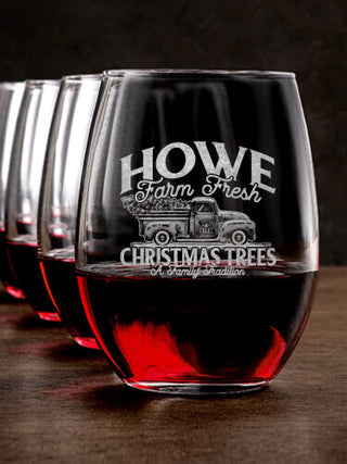 Christmas Tree Farm : Stemless Wine Glasses - Engraved