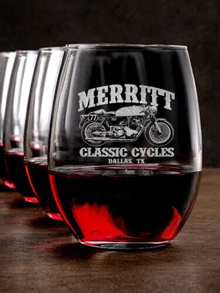 Classic Cycles : Stemless Wine Glasses - Engraved