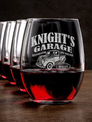 Classic Garage : Stemless Wine Glasses - Engraved