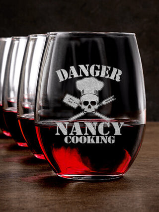 Cooking Danger : Stemless Wine Glasses - Engraved