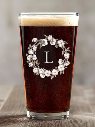 Cotton Wreath Monogram : Pint Glasses - Color Printed