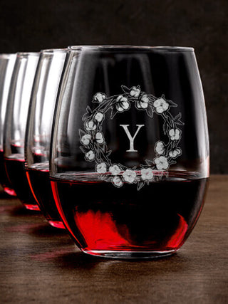 Cotton Wreath Monogram : Stemless Wine Glasses - Engraved