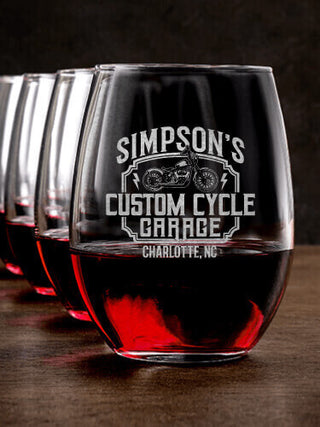Custom Cycle Garage BP : Stemless Wine Glasses - Engraved