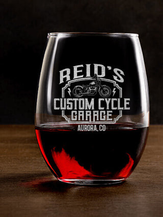Custom Cycle Garage : Stemless Wine Glasses - Engraved