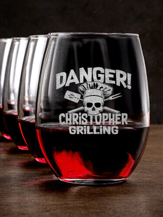 Danger Grilling : Stemless Wine Glasses - Engraved