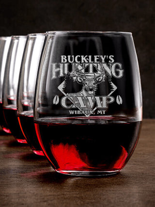 Deer Hunting Camp : Stemless Wine Glasses - Engraved