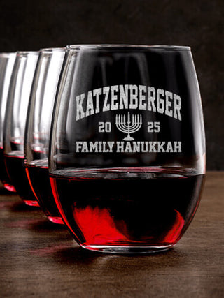 Hanukkah Varsity : Stemless Wine Glasses - Engraved