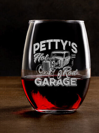 Hot Rod Garage : Stemless Wine Glasses - Engraved
