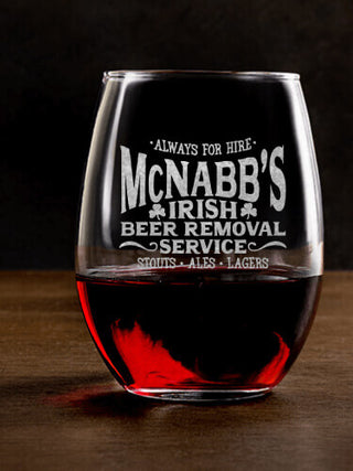 Irish Beer Removal Service : Stemless Wine Glasses - Engraved