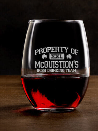 Irish Drinking Team : Stemless Wine Glasses - Engraved