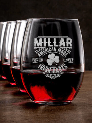Irish Parts : Stemless Wine Glasses - Engraved