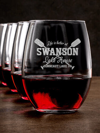 Lake House : Stemless Wine Glasses - Engraved