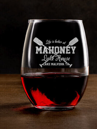 Lake House : Stemless Wine Glasses - Engraved