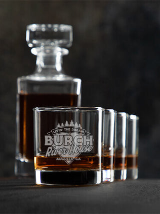 Livin' The Dream River House : Decanter Rocks Glass Gift Sets - Engraved