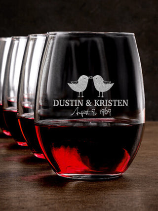 Love Birds : Stemless Wine Glasses - Engraved