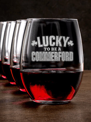 Lucky To Be : Stemless Wine Glasses - Engraved
