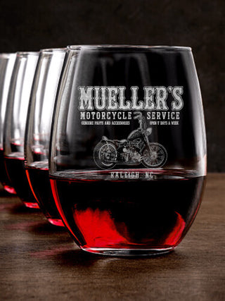 Motorcycle Service : Stemless Wine Glasses - Engraved