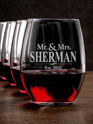 Mr and Mrs : Stemless Wine Glasses - Engraved