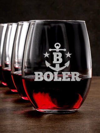 Nautical Monogram : Stemless Wine Glasses - Engraved