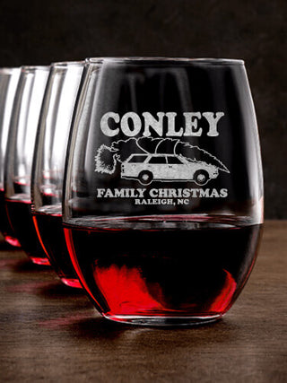 Retro Family Christmas : Stemless Wine Glasses - Engraved