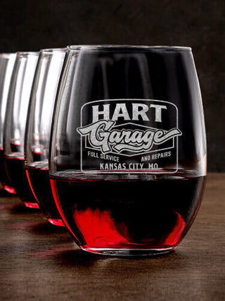 Retro Garage : Stemless Wine Glasses - Engraved