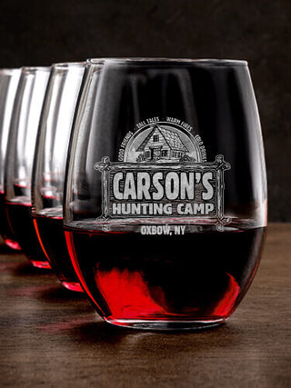 Vintage Hunting Camp : Stemless Wine Glasses - Engraved