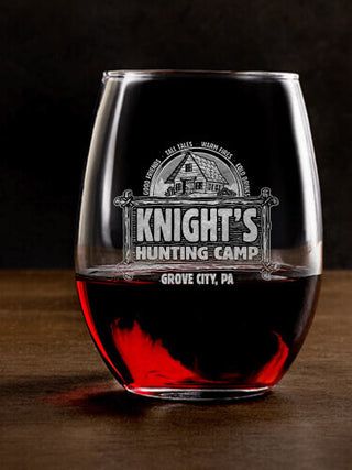 Vintage Hunting Camp : Stemless Wine Glasses - Engraved