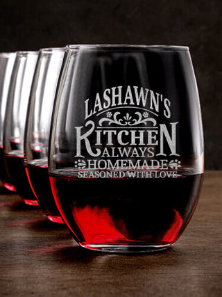Vintage Kitchen : Stemless Wine Glasses - Engraved
