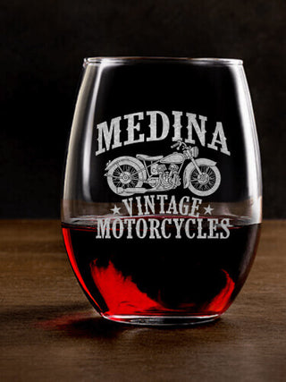 Vintage Motorcycles : Stemless Wine Glasses - Engraved