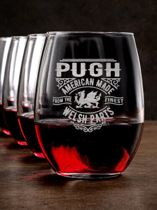Welsh Parts : Stemless Wine Glasses - Engraved