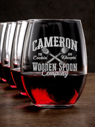 Wooden Spoon Company : Stemless Wine Glasses - Engraved
