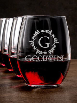 Wreath Monogram : Stemless Wine Glasses - Engraved