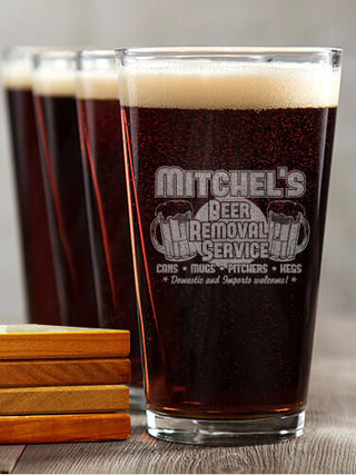 Beer Removal : 4 Pint Glasses - Engraved 4 Coasters Gift Set