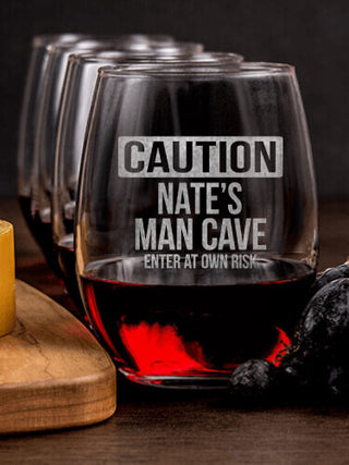 Caution Man Cave : Cheese Board Wine Glass Gift Sets - Engraved