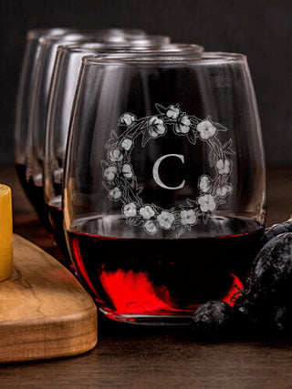 Cotton Wreath Monogram : Cheese Board Wine Glass Gift Sets - Engraved
