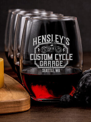 Custom Cycle Garage : Cheese Board Wine Glass Gift Sets - Engraved