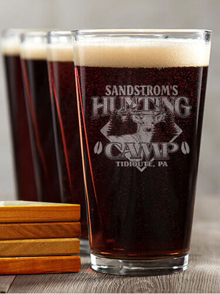Deer Hunting Camp : 4 Pint Glasses - Engraved 4 Coasters Gift Set