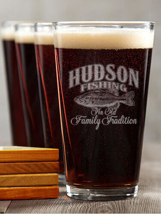 Fishing Family Tradition : 4 Pint Glasses - Engraved 4 Coasters Gift Set