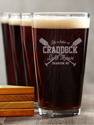 Lake House : 4 Pint Glasses - Engraved 4 Coasters Gift Set