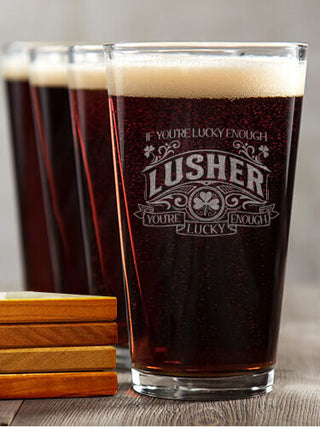 Lucky Enough : 4 Pint Glasses - Engraved 4 Coasters Gift Set