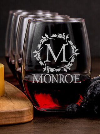Wreath Monogram : Cheese Board Wine Glass Gift Sets - Engraved