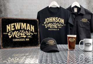Collection of vintage-style clothing and accessories with branded text on a metallic surface.